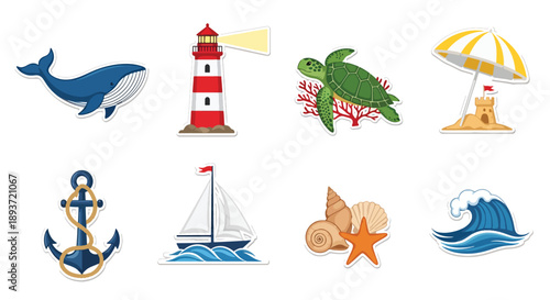 Flat vector illustration set of cute sea and ocean stickers  icons in bright solid colors