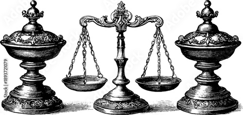 Vintage 19th century botanical engraving of precision balance weight set for design