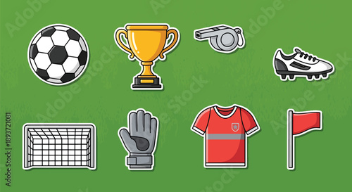 Flat vector illustration set of soccer stickers including football ball, goal, whistle, trophy, jersey, referee cards, and sports icons in clean cartoon style with solid colors