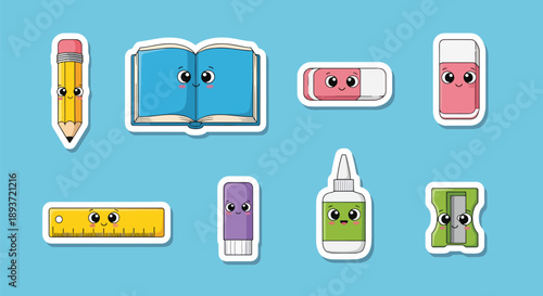 Flat vector illustration set of cute stationery stickers featuring pencil, books, ruler, glue, eraser, and sharpener characters with kawaii faces and solid bright colors
