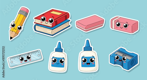 Flat vector illustration set of cute stationery stickers featuring pencil, books, ruler, glue, eraser, and sharpener characters with kawaii faces and solid bright colors