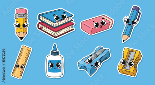 Flat vector illustration set of cute stationery stickers featuring pencil, books, ruler, glue, eraser, and sharpener characters with kawaii faces and solid bright colors