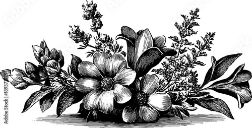 Vintage botanical engraving of pressed flowers bouquet for design