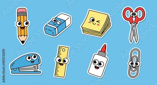 Flat vector illustration set of cute stationery stickers featuring pencil, books, ruler, glue, eraser, and sharpener characters with kawaii faces and solid bright colors
