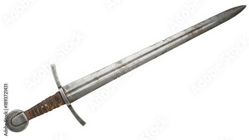 Medieval sword with brown leather wrapped hilt and metal pommel isolated on white background
