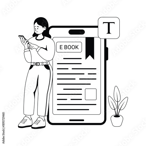 Student reading educational ebook on smartphone, glyph concept illustration