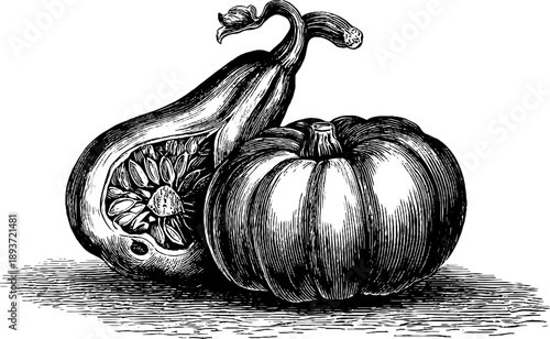 Antique botanical pumpkin seed cross section engraving from 19th century for retro design
