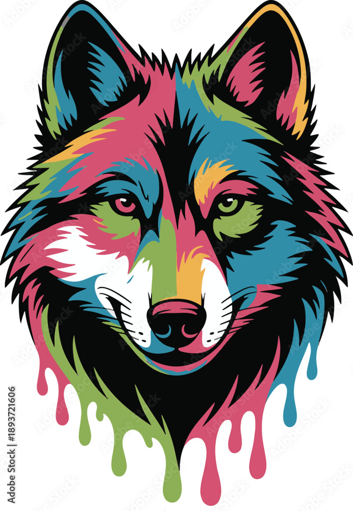 Fototapeta premium Stylized Wolf Head with Dripping Neon Paint and Smile