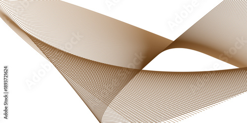 A golden ribbon with a metallic texture lies across a white paper backdrop, featuring a decorative light brown pattern and elegant fabric material for a closeup clothing design