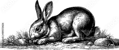 Vintage woodland rabbit study - 19th century botanical engraving for classic design