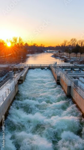 Wallpaper Mural Rushing water flows through concrete spillway structure against  vibrant sunrise sky Torontodigital.ca
