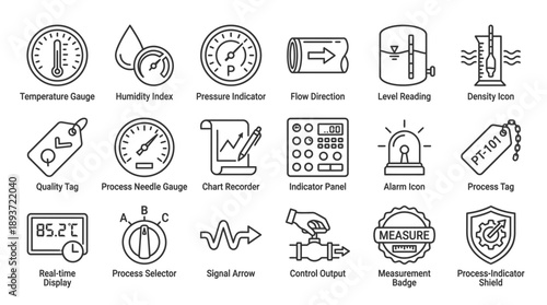 Industrial process control icon set perfect for engineering designs, featuring gauges, sensors, and indicators for automated systems in manufacturing and production lines