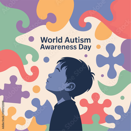Colorful puzzle pieces background with child silhouette for Autism Awareness Day colorful background