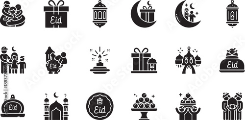 Islamic Ramadan Kareem and Eid Mubarak Celebration Icon Set - Religious Lanterns, Mosque Architecture, and Spiritual Symbols Glyph Vectors