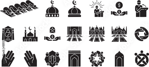 Zakat and Islamic Charity Icon Set - Donation, Food Sharing, Community Support and Humanitarian Aid Glyph Vectors