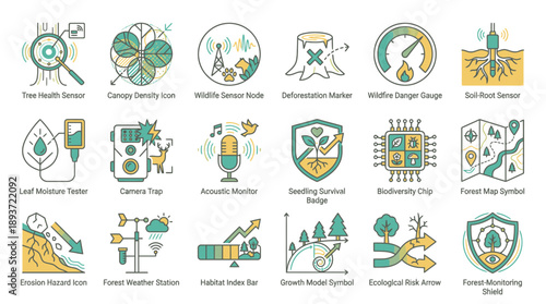 Explore sustainable forestry with these vibrant icons showcasing tree health, wildlife monitoring, ecological risk, and innovative forest monitoring, originally vector graphics