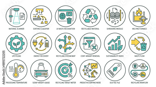 Empowering Sustainability with Innovative Recycling Icons, Driving Eco-Friendly Solutions and Promoting a Circular Economy for a Greener Future, Originally Vector Graphics