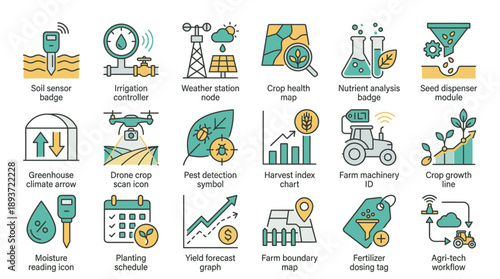 Smart farming technology icons showcase the future of agriculture, offering efficient crop management and increased yields with modern tools and data-driven insights