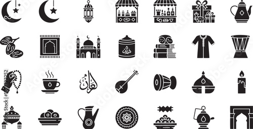Islamic Ramadan and Eid Celebration Icon Set - Religious Lanterns, Mosque, Charity and Fasting Ritual Glyph Vectors