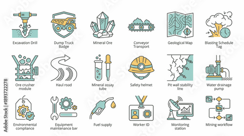 Mining industry icons showcasing excavation, transport, safety, and environmental compliance for industrial projects using modern designs in mineral extraction