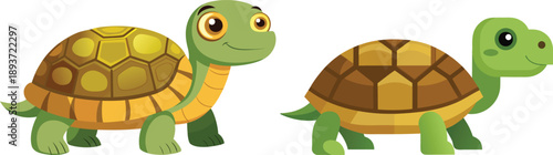 An illustration featuring two adorable cartoon turtles with cheerful expressions against a plain backdrop