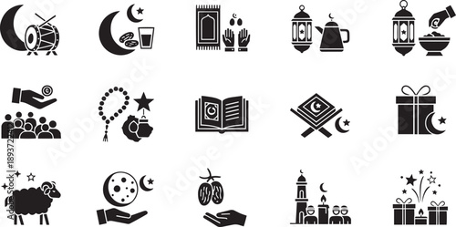 Muslim Daily Worship and Mosque Architecture Symbols - Islamic Religious Practice Icons