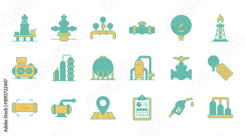Explore the world of petroleum engineering with these clean, modern icons representing oil drilling, refining, and distribution for energy and resource management solutions