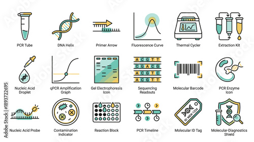 Essential molecular biology icons for lab research projects, including PCR, DNA sequencing, diagnostics, and contamination control for science and medicine