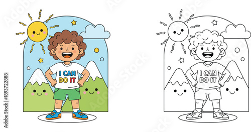 Cute Motivational Boy with I Can Do It Text on Shirt, Coloring Book Page Vector Set with Colored Version, Mountain and Sun Landscape Background for Kids Education and Mental Health