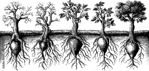 Botanical study of root nodules and nitrogen fixation in vintage engraving style
