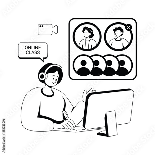 glyph illustration of student attending online lecture with headphones