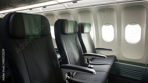 Empty airplane cabin with dark leather seats and green headrests by windows