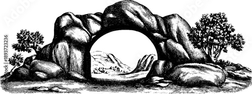 19th century botanical engraving of rounded stone arch with scenic landscape