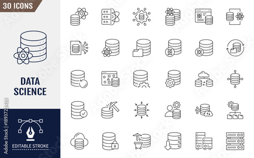 Data Science line icon set. Outline icons. Editable stroke. Vector illustration