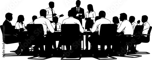 Business people having meeting or conference. Coworkers sitting at the table silhouette vector illustration 