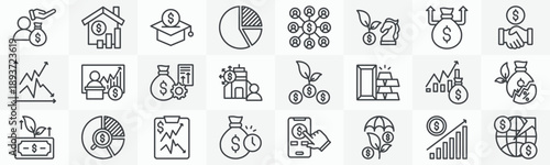 Deposit investment icon collection set. Containing investor, real estate, education, diagram, crowd funding, strategy, capital, agreement icon. Simple outline vector