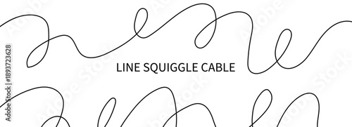 Abstract drawing with thin line squiggles, wavy curves, and a curvy cable for a long set of organic swirls on a white background. A continuous sketch of curly, loopy waves in a simple