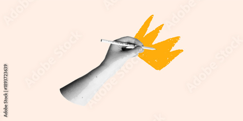 Creative collage illustration of a hand holding a paintbrush, painting a symbolic crown shape. Suitable for poster, banner or editorial design with abstract composition, halftone grain and strong cont