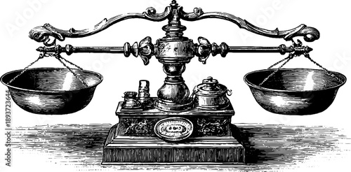 Vintage botanical engraving of a scientific balance scale for antique design projects