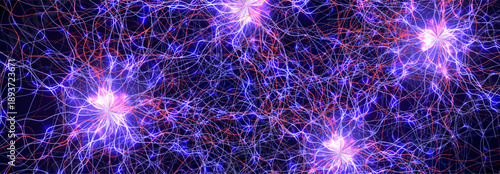 Neural network connections background with glowing red purple lines on dark. Futuristic AI data flow design for tech, science, medical banners. Neural connections backgrounds. Vector illustration