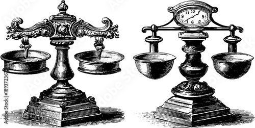 Vintage scientific balance scale botanical sketch for design and posters