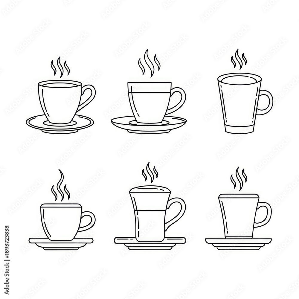 Obraz premium Six steaming coffee cups on saucers.