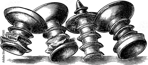 Vintage screw thread mechanical principle botanical engraving for design projects