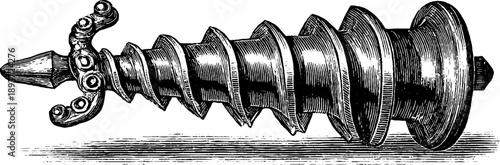 Vintage botanical engraving of screw thread mechanical principle design
