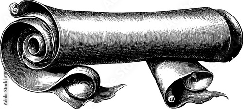 Vintage botanical scroll banner with decorative ends - hand drawn engraving