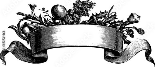 Vintage botanical scroll banner with empty text area for custom design