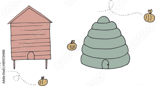 Cartoon illustration of modern wooden beehive and traditional skep with flying bees