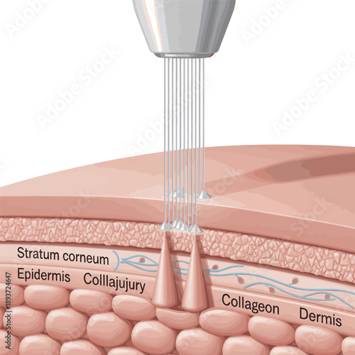 : Isolated a realistic Fractional CO2 laser penetrates skin layers to targeted depths. 3D rendering. vector art with white background..