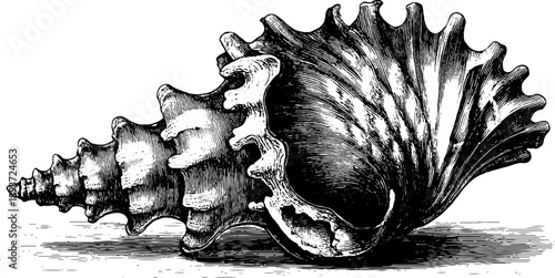 Vintage sea shell fossil specimen engraving from 19th century botanicals for art and design