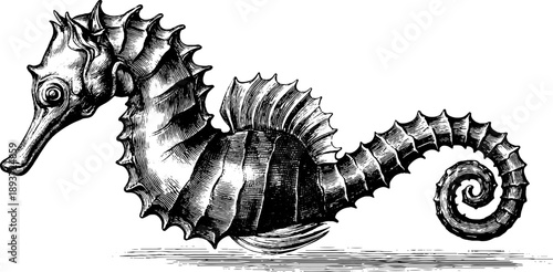 Vintage botanical sketch of a 19th century seahorse marine specimen